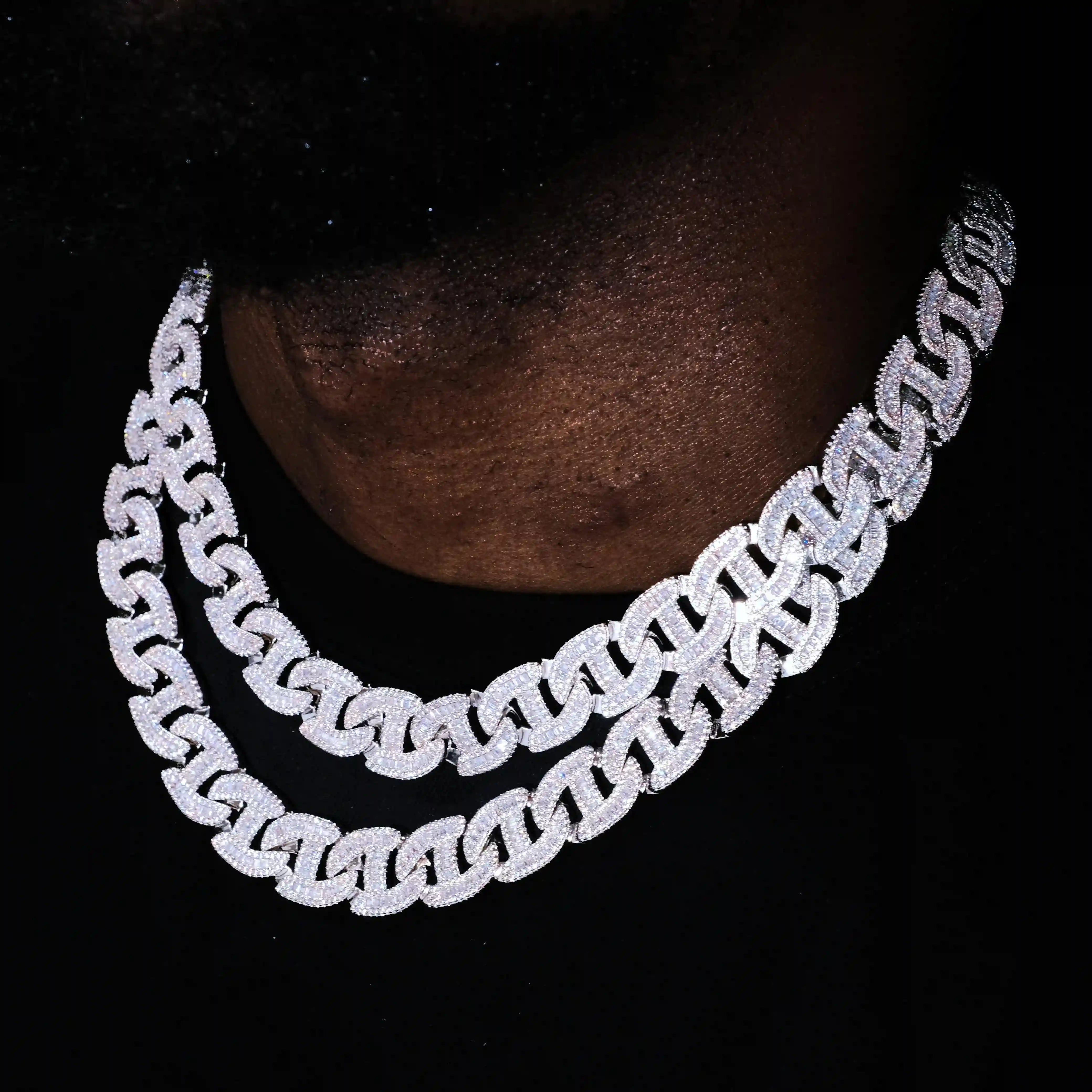 Baguette Chain Link Necklace in White Gold - 15mm - TONGSHOP