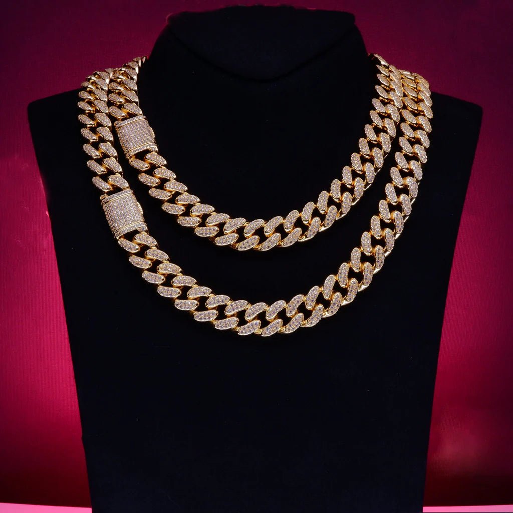 Buckle Iced Cuban Link Chain in Yellow Gold - 14mm - TONGSHOP