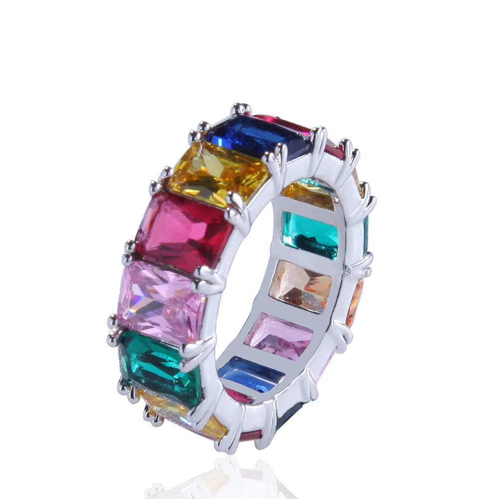 Colorful Rectangular Hip - Hop Ring in 18K Gold Plating - TONGSHOP