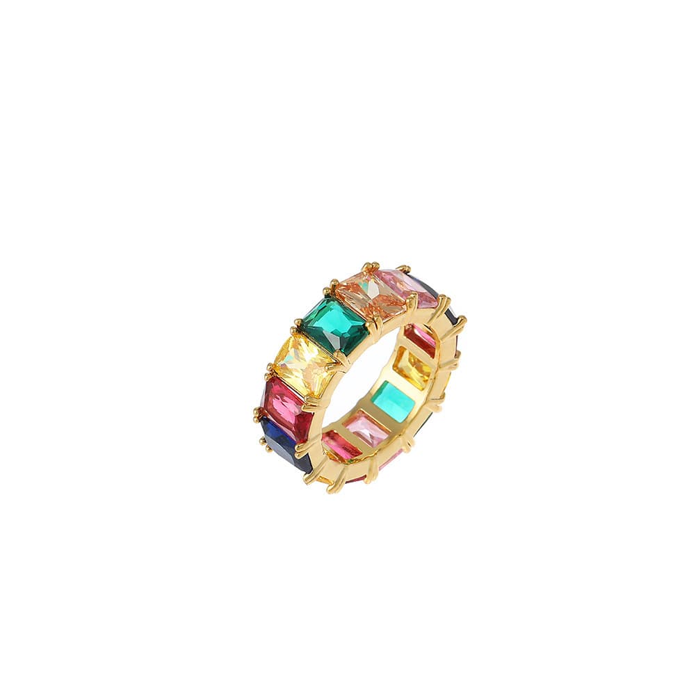 Colorful Rectangular Hip - Hop Ring in 18K Gold Plating - TONGSHOP