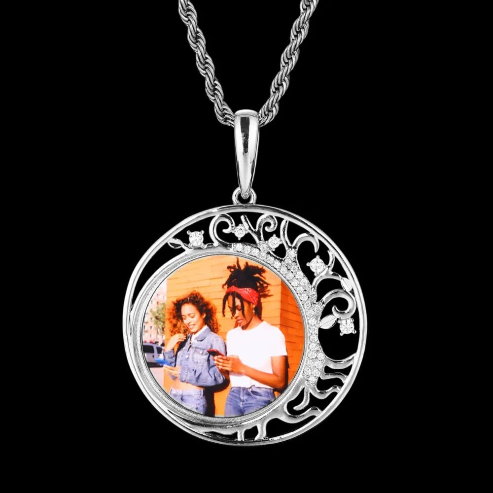 Crescent Moon Flower Memory Custom Photo Round Pendant - 42mm - TONGSHOP / Length:16 / Length:18