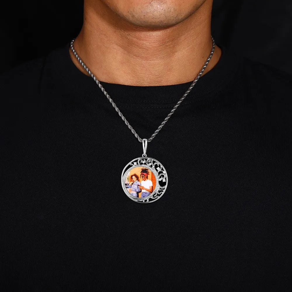 Crescent Moon Flower Memory Custom Photo Round Pendant - 42mm - TONGSHOP / Length:16 / Length:18