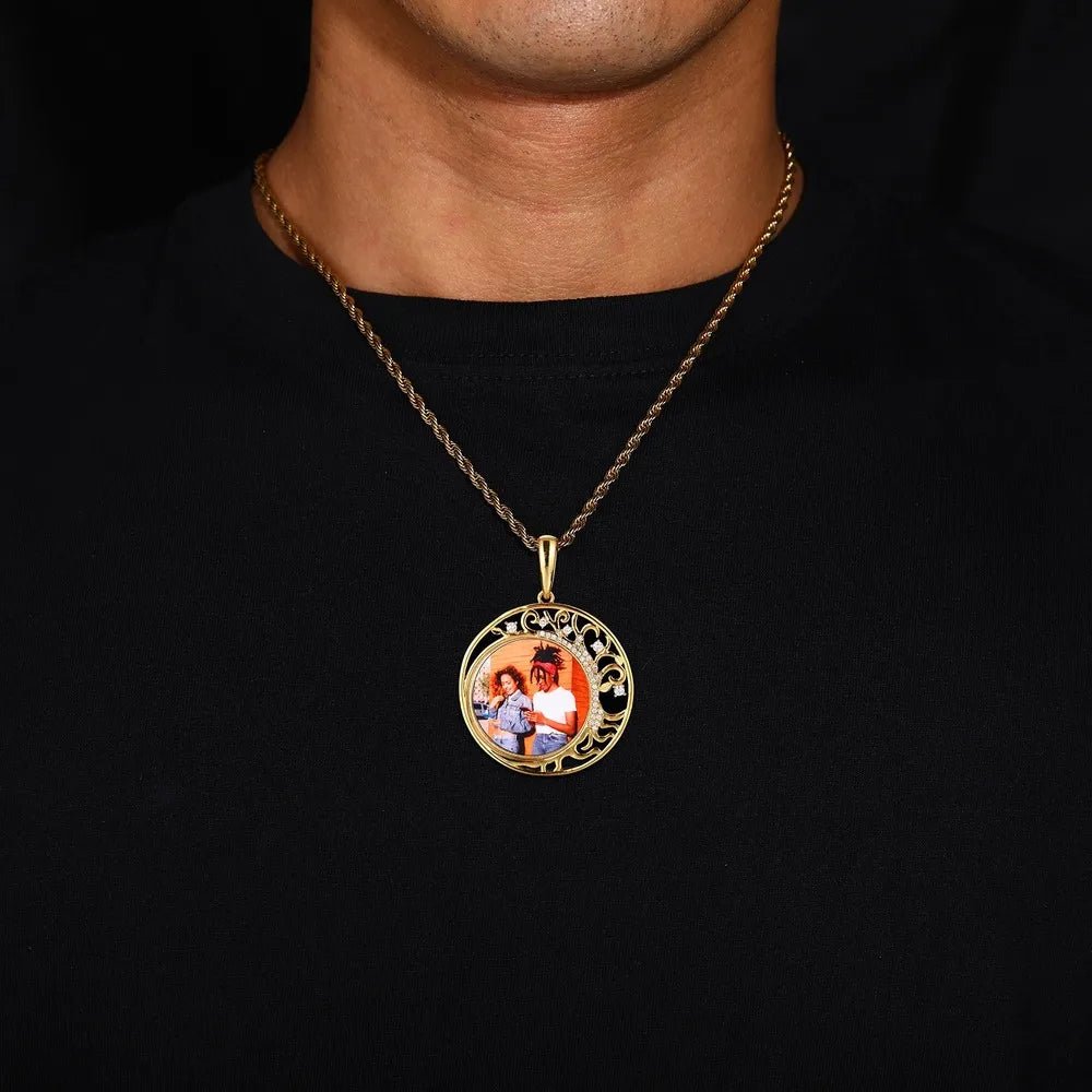 Crescent Moon Flower Memory Custom Photo Round Pendant - 42mm - TONGSHOP / Length:16 / Length:18