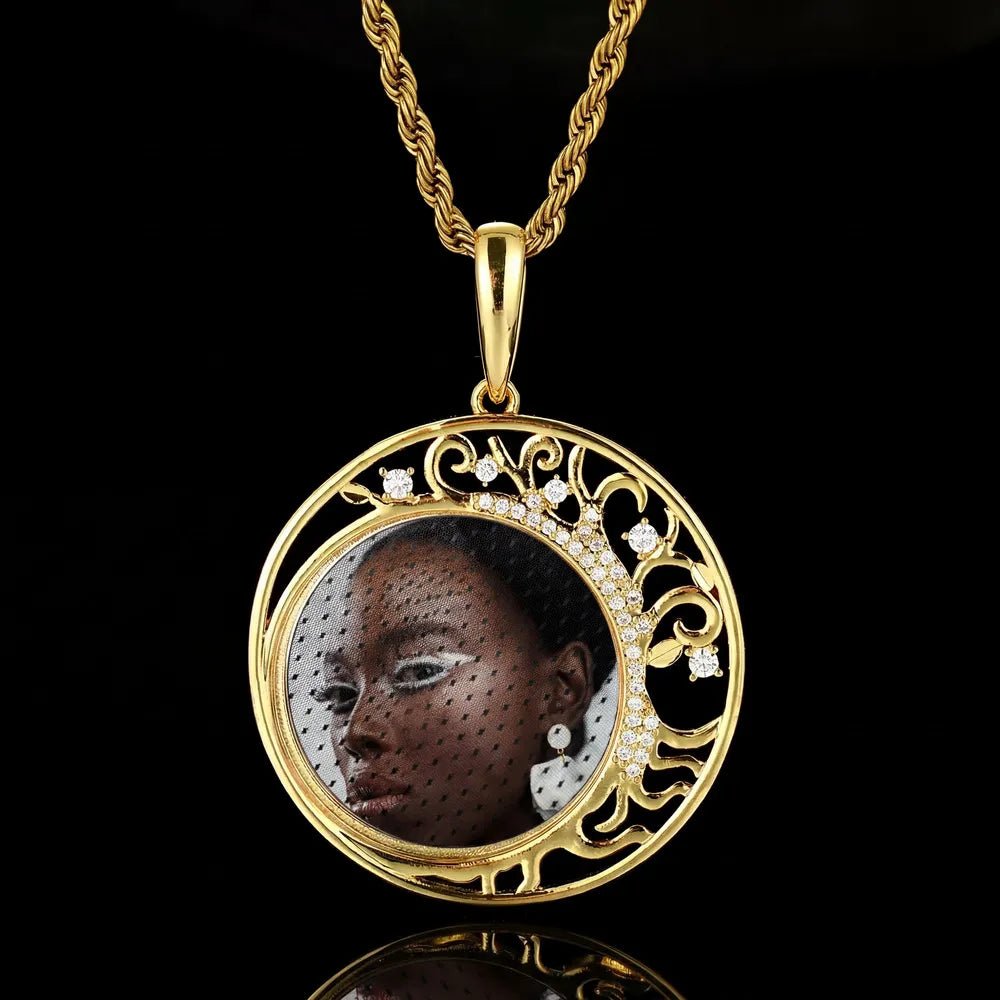 Crescent Moon Flower Memory Custom Photo Round Pendant - 42mm - TONGSHOP / Length:16 / Length:18