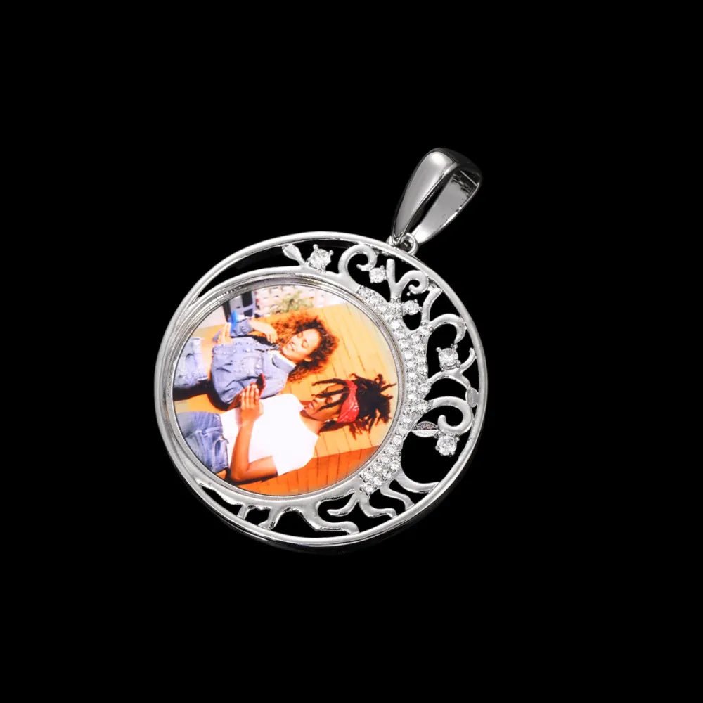 Crescent Moon Flower Memory Custom Photo Round Pendant - 42mm - TONGSHOP / Length:16 / Length:18