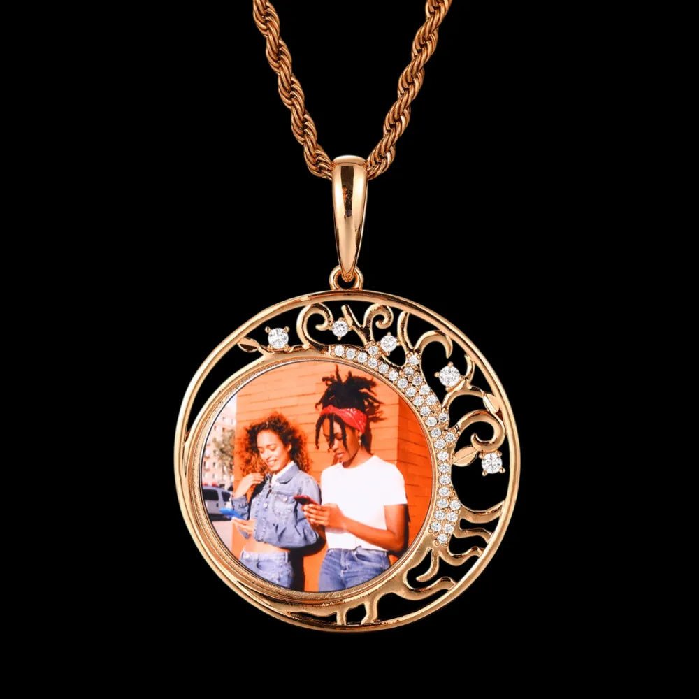 Crescent Moon Flower Memory Custom Photo Round Pendant - 42mm - TONGSHOP / Length:16 / Length:18