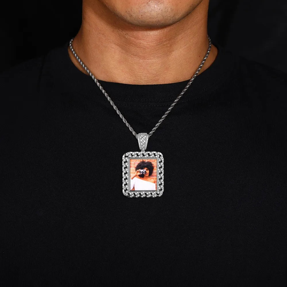 Cuban Memory Photo Frame Square Pendant - 38mm - TONGSHOP / Length:16 / Length:18