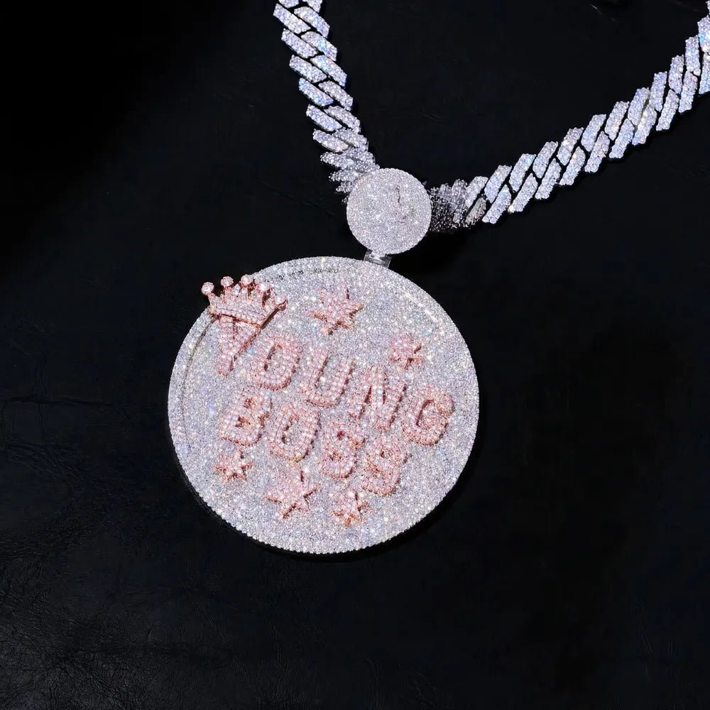 Custom Large Round Full - Diamond 3D Letter & Crown Pendant - 80mm - TONGSHOP / Length:16 / Length:18