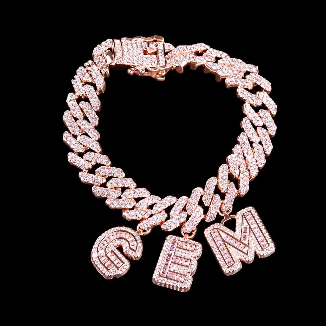 Custom Spliced - Letter Iced Cuban Chain in Rose Gold - 12mm - TONGSHOP / Length:16 / Length:18