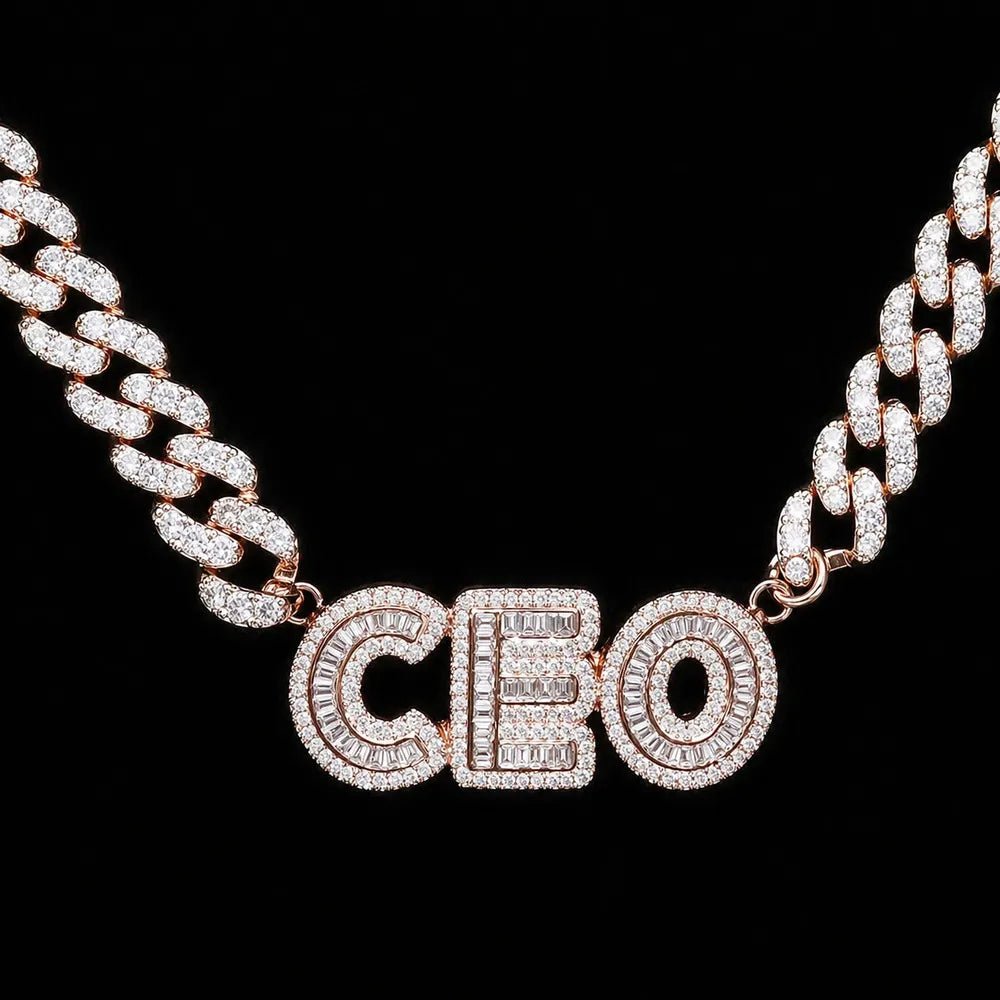 Custom Spliced - Letter Iced Cuban Chain in Rose Gold - 9mm - TONGSHOP / Length:16 / Length:18