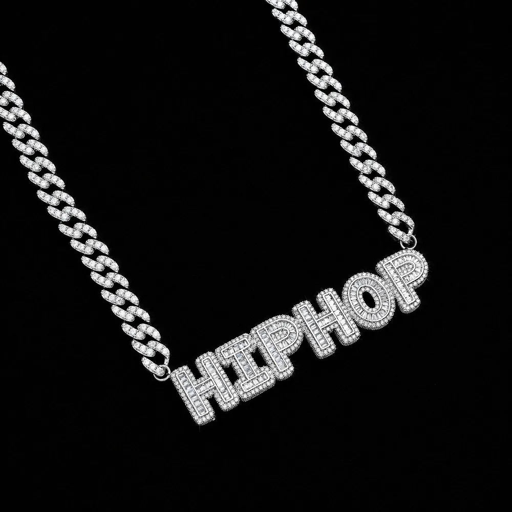 Custom Spliced - Letter Iced Cuban Chain in White Gold - 9mm - TONGSHOP / Length:16 / Length:18