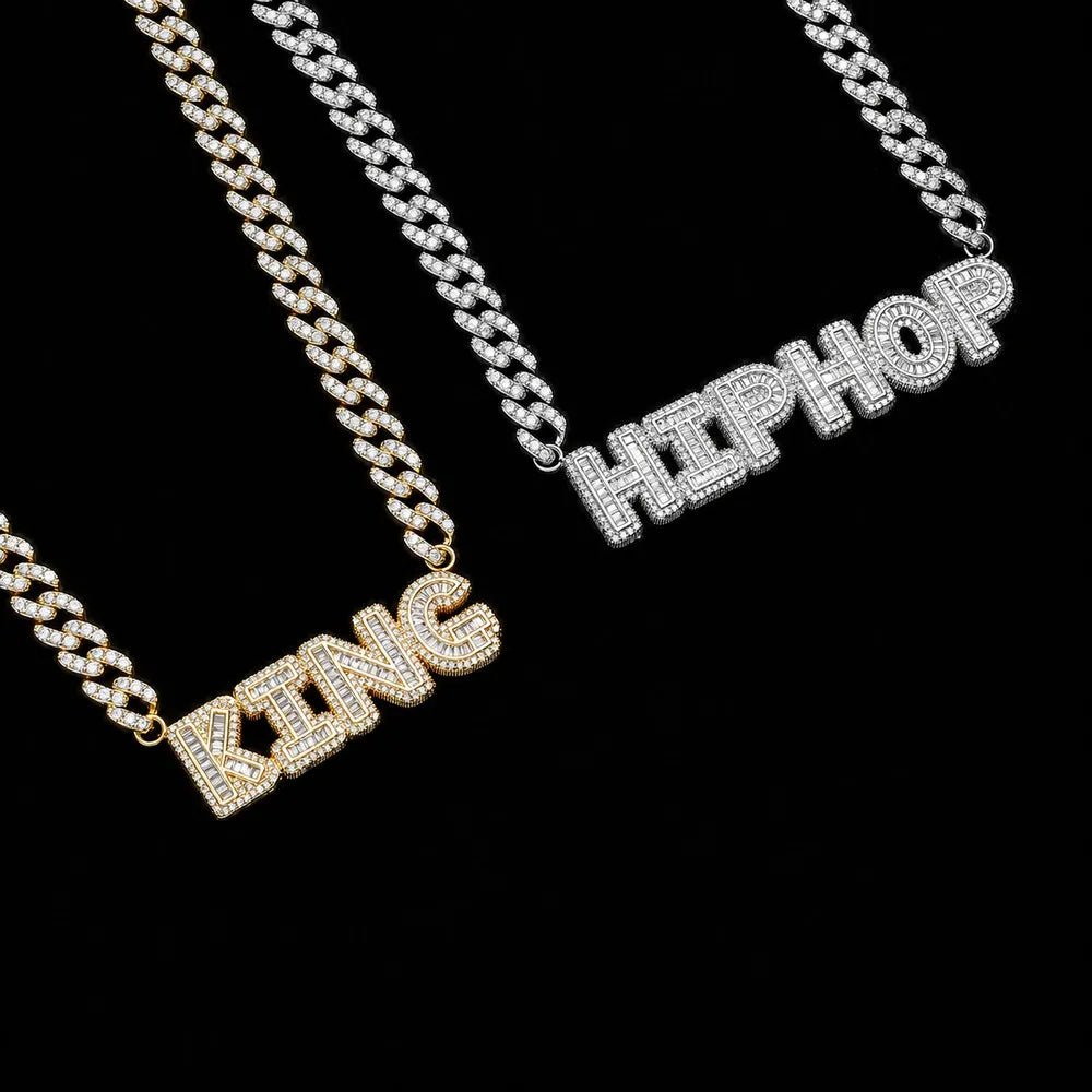 Custom Spliced - Letter Iced Cuban Chain in White Gold - 9mm - TONGSHOP / Length:16 / Length:18