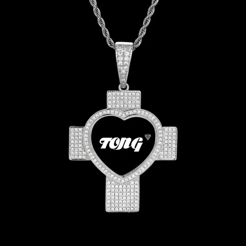 Customized 3D Heart Cross Photo Pendant - 48mm - TONGSHOP / Length:16 / Length:18