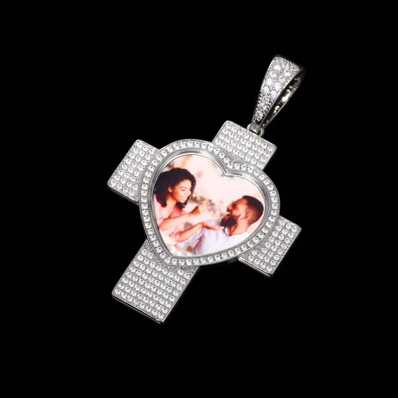 Customized 3D Heart Cross Photo Pendant - 48mm - TONGSHOP / Length:16 / Length:18