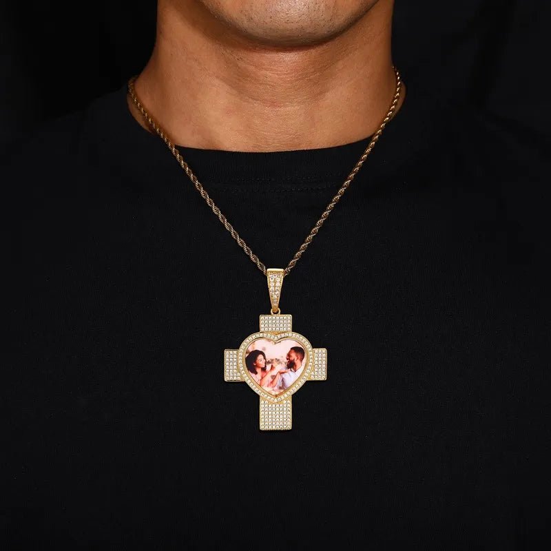 Customized 3D Heart Cross Photo Pendant - 48mm - TONGSHOP / Length:16 / Length:18
