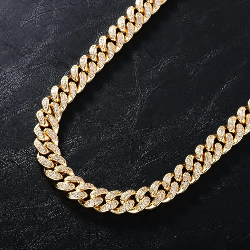 Diamond Iced Cuban Chain in Yellow Gold - 12mm - TONGSHOP
