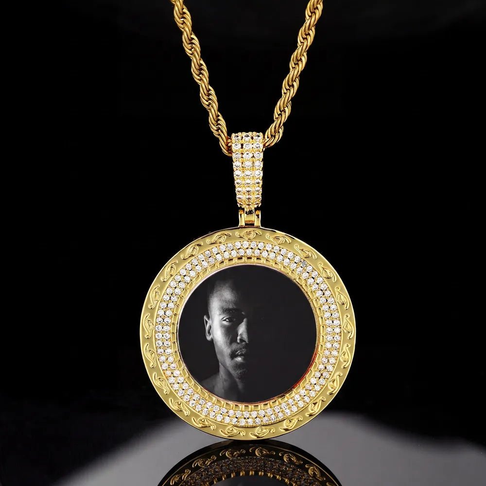 Elegant Classic Memory Custom Photo Round Pendant in Yellow Gold - 38mm - TONGSHOP / Length:16 / Length:18