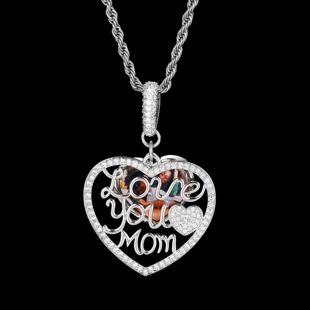 Engraved "LOVE YOU MOM" Memory Customized Photo Heart Pendant - 37mm - TONGSHOP / Length:16 / Length:18