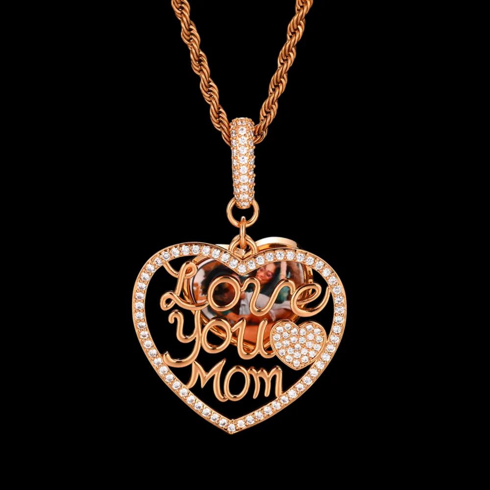 Engraved "LOVE YOU MOM" Memory Customized Photo Heart Pendant - 37mm - TONGSHOP / Length:16 / Length:18