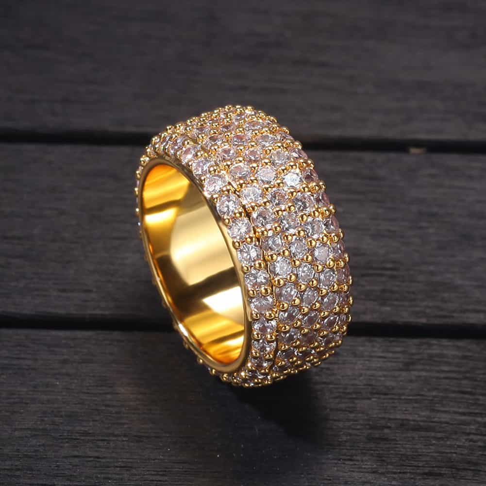 Five - Row Full Diamond Encrusted Hip - Hop Ring in 18K Gold Plating - TONGSHOP