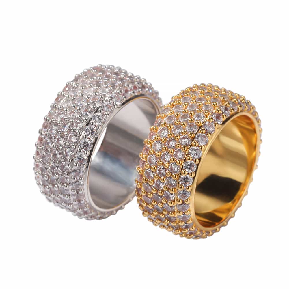 Five - Row Full Diamond Encrusted Hip - Hop Ring in 18K Gold Plating - TONGSHOP