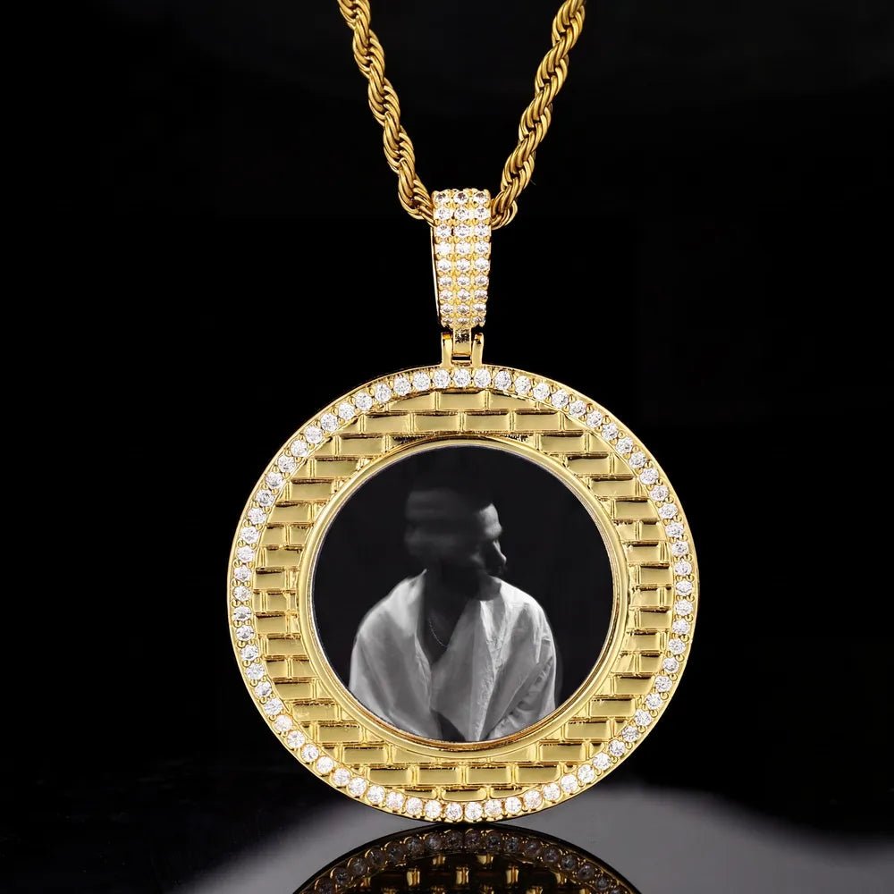 Gold Brick Engraved Memory Photo Custom Round Pendant - 46mm - TONGSHOP / Length:16 / Length:18