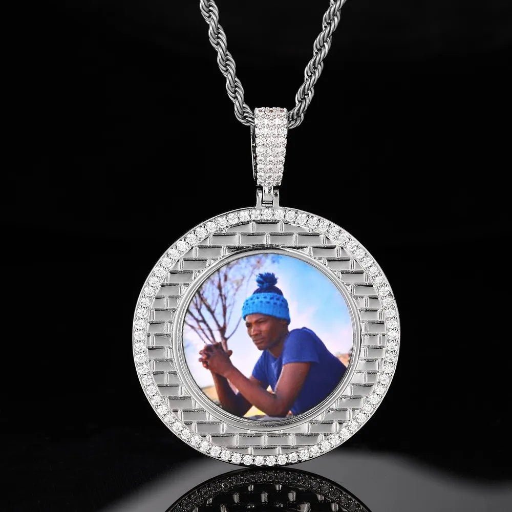 Gold Brick Engraved Memory Photo Custom Round Pendant - 46mm - TONGSHOP / Length:16 / Length:18