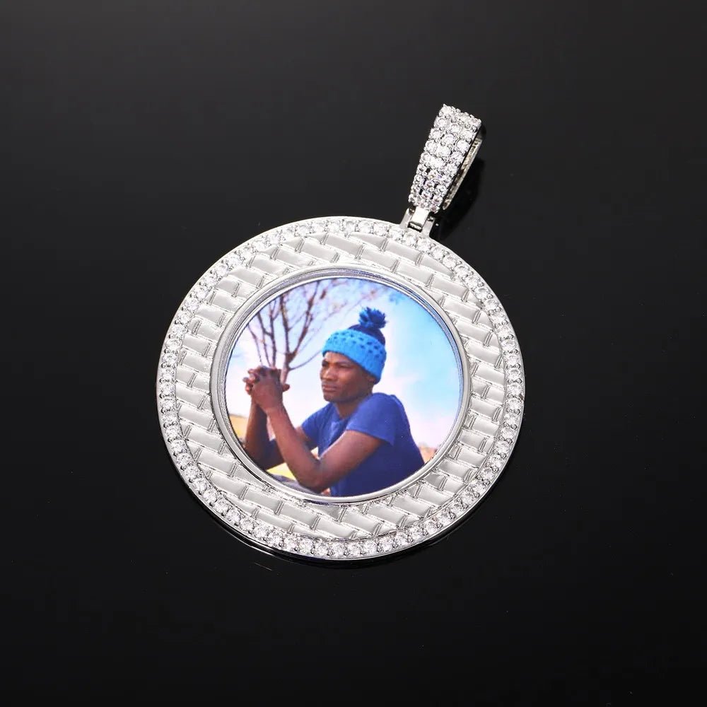 Gold Brick Engraved Memory Photo Custom Round Pendant - 46mm - TONGSHOP / Length:16 / Length:18