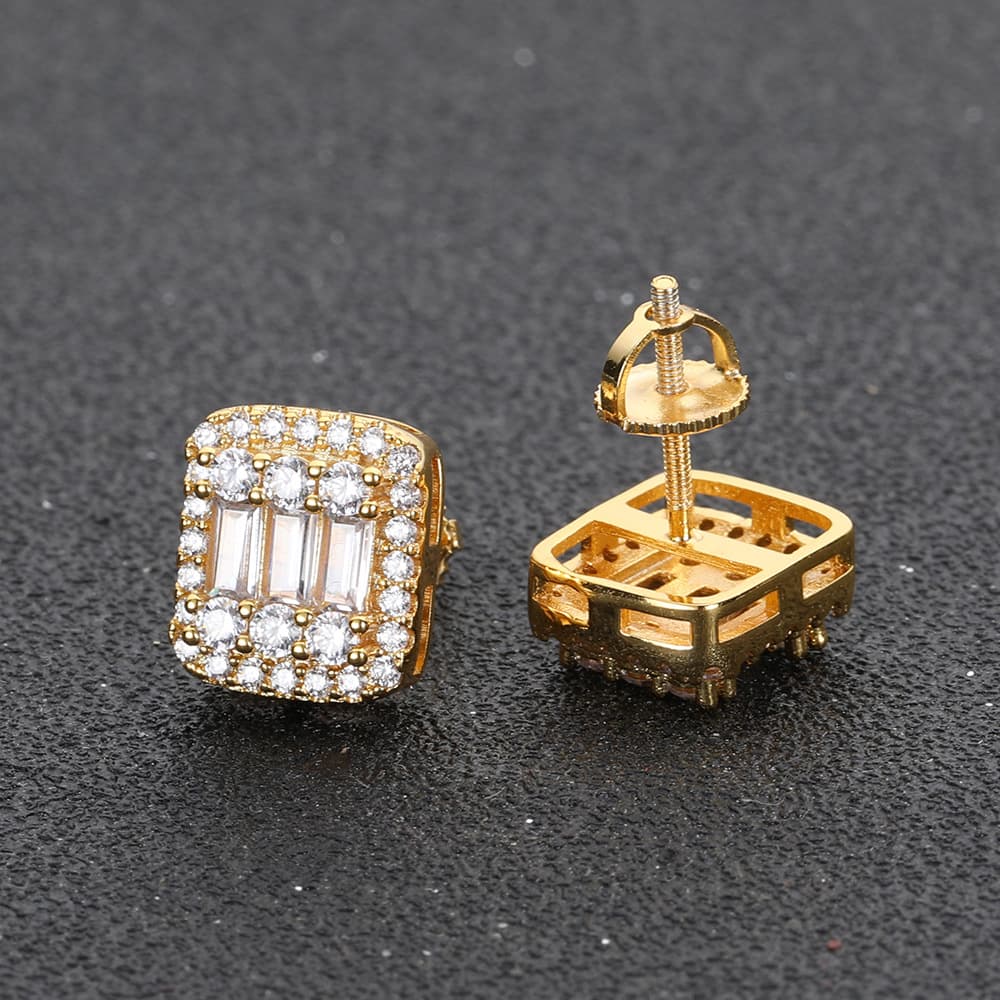 Gold - Plated Square Hip - Hop T - Diamond Stud Earrings - TONGSHOP