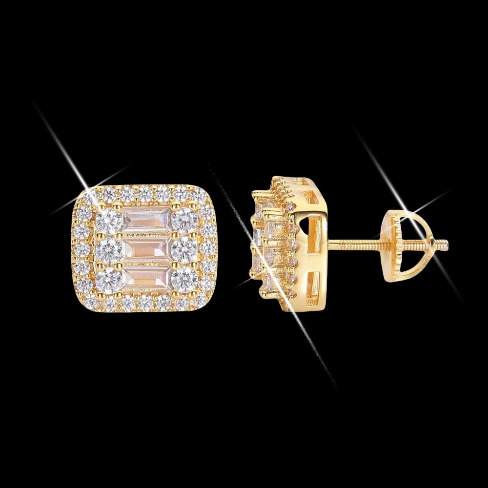 Gold - Plated Square Hip - Hop T - Diamond Stud Earrings - TONGSHOP