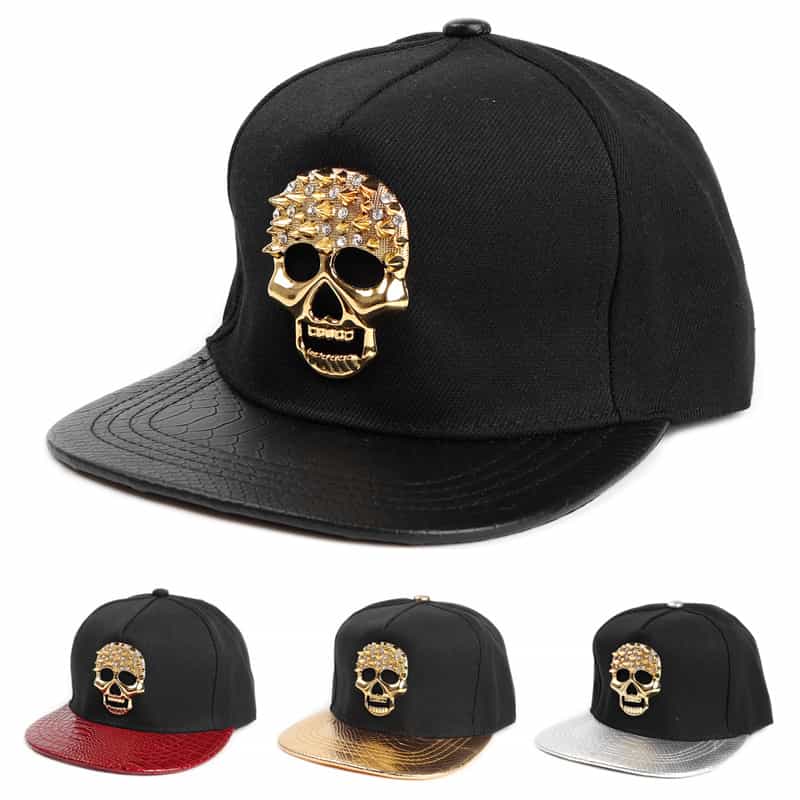 Hip - hop Hat Metal Diamond Skull Flat Brim Hat - TONGSHOP