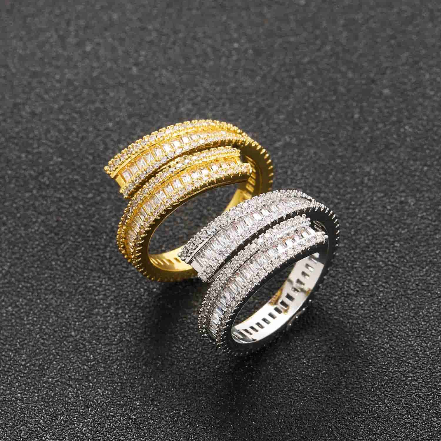 Hip - hop Open Ring Geometric Trapezoid Diamond Ring - TONGSHOP