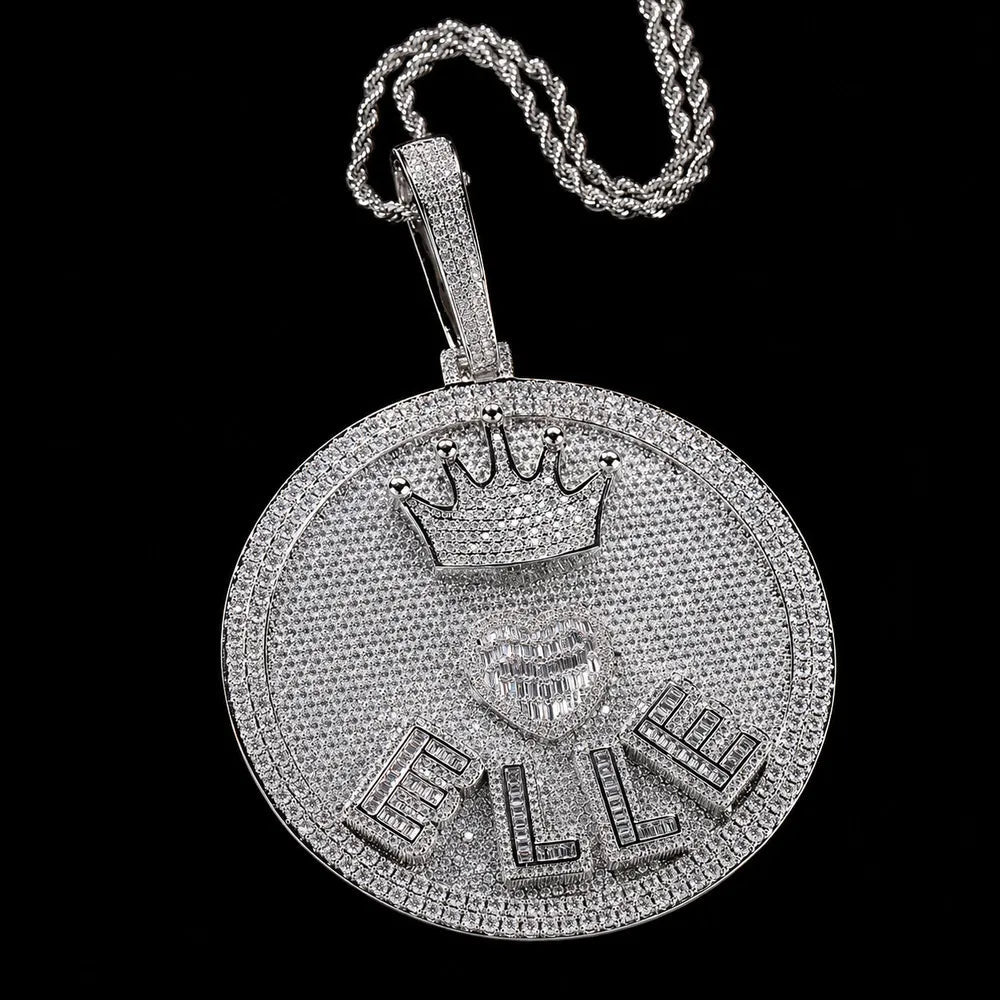 Iced - Out Crown & Heart Custom 3D Letter Large Round Pendant - 80mm - TONGSHOP / Length:16 / Length:18
