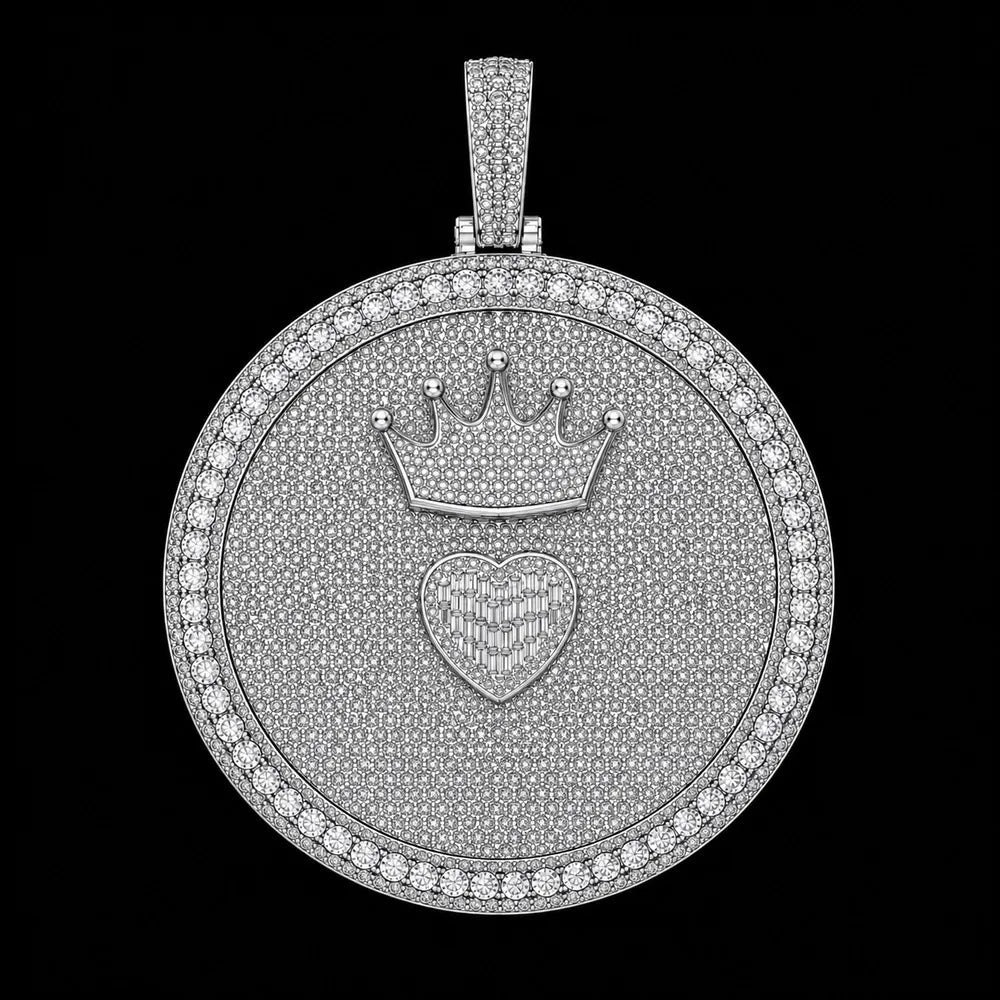 Iced - Out Crown & Heart Custom 3D Letter Large Round Pendant - 80mm - TONGSHOP / Length:16 / Length:18