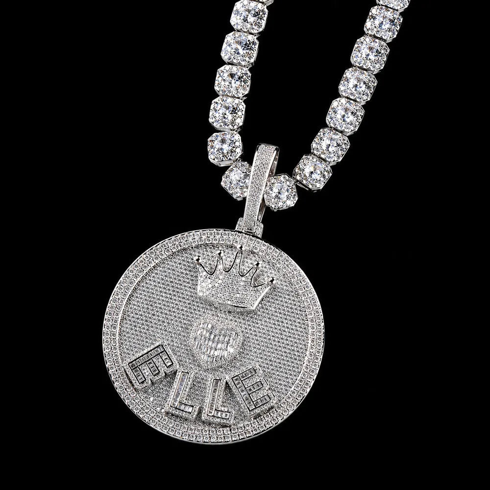 Iced - Out Crown & Heart Custom 3D Letter Large Round Pendant - 80mm - TONGSHOP / Length:16 / Length:18