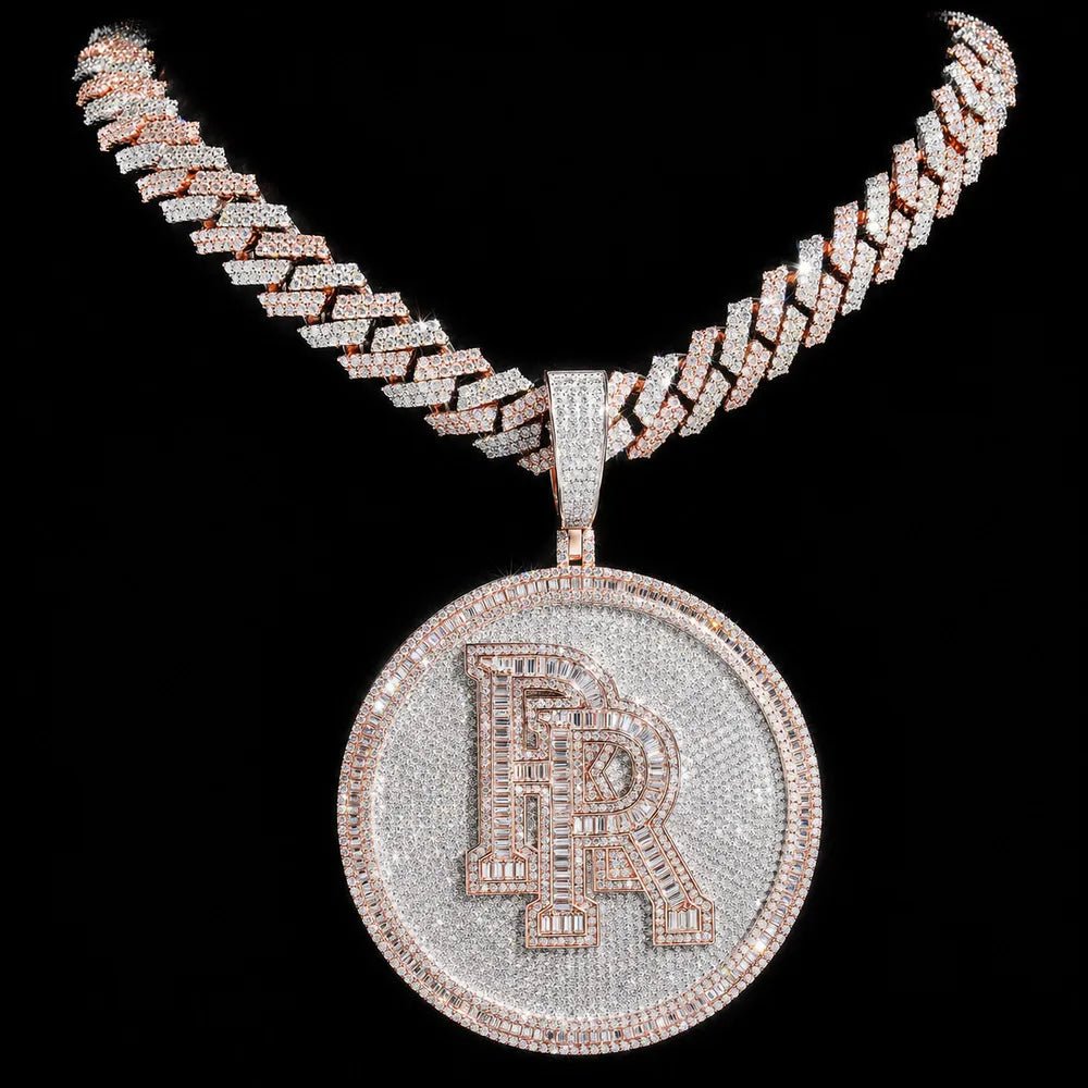 Iced - Out Custom 3D Double - Initial Large Round Pendant in Rose Gold - 76mm - TONGSHOP / Length:16 / Length:18