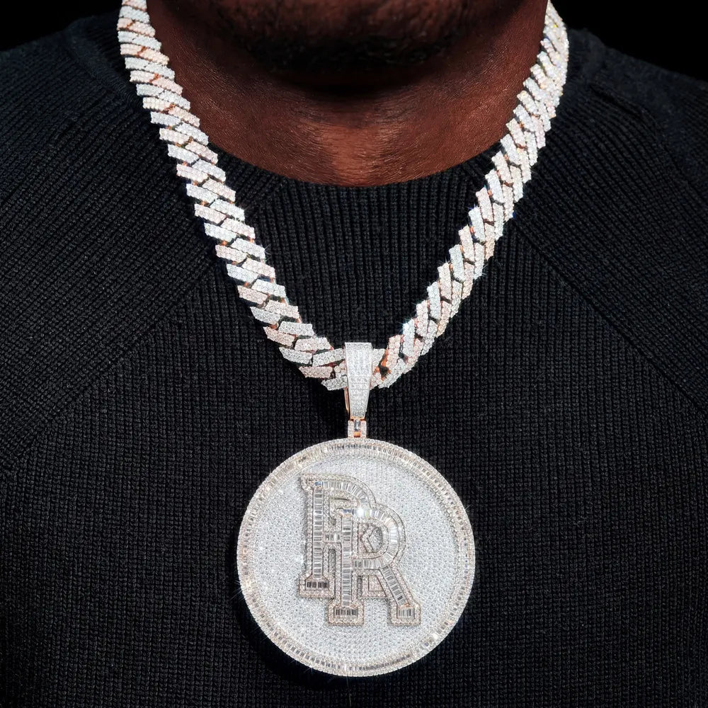 Iced - Out Custom 3D Double - Initial Large Round Pendant in Rose Gold - 76mm - TONGSHOP / Length:16 / Length:18