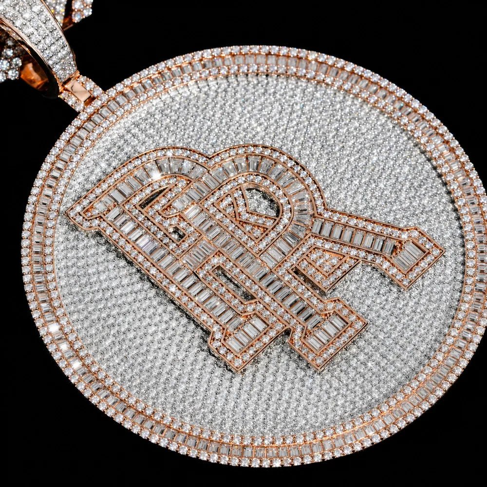 Iced - Out Custom 3D Double - Initial Large Round Pendant in Rose Gold - 76mm - TONGSHOP / Length:16 / Length:18