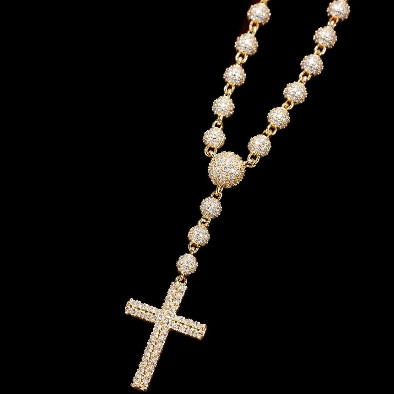 Iced - Out Diamond Bead Chain with Cross Pendant - 5mm - TONGSHOP / Color:Yellow Gold / Length:16