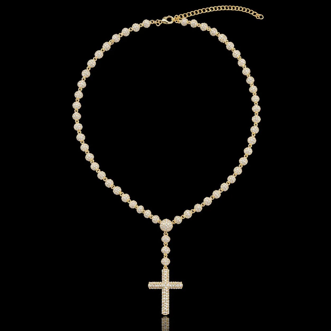 Iced - Out Diamond Bead Chain with Cross Pendant - 5mm - TONGSHOP / Color:Yellow Gold / Length:16