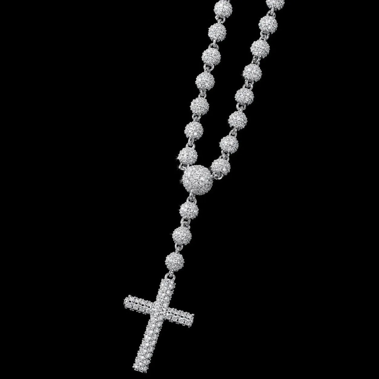 Iced - Out Diamond Bead Chain with Cross Pendant - 5mm - TONGSHOP / Color:Yellow Gold / Length:16