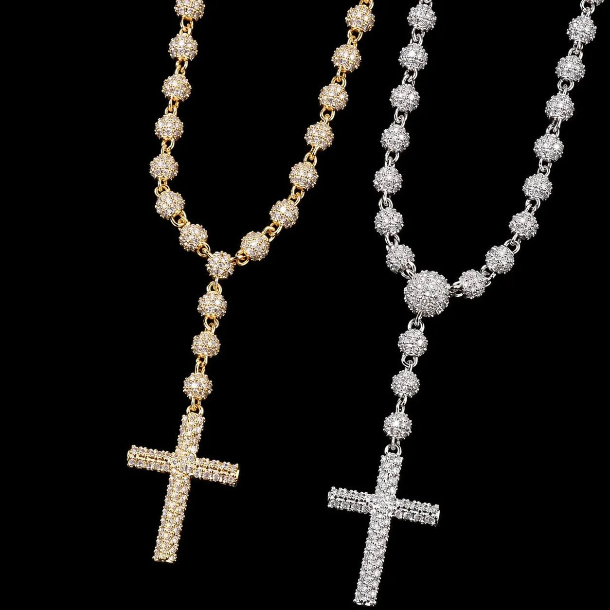 Iced - Out Diamond Bead Chain with Cross Pendant - 5mm - TONGSHOP / Color:Yellow Gold / Length:16