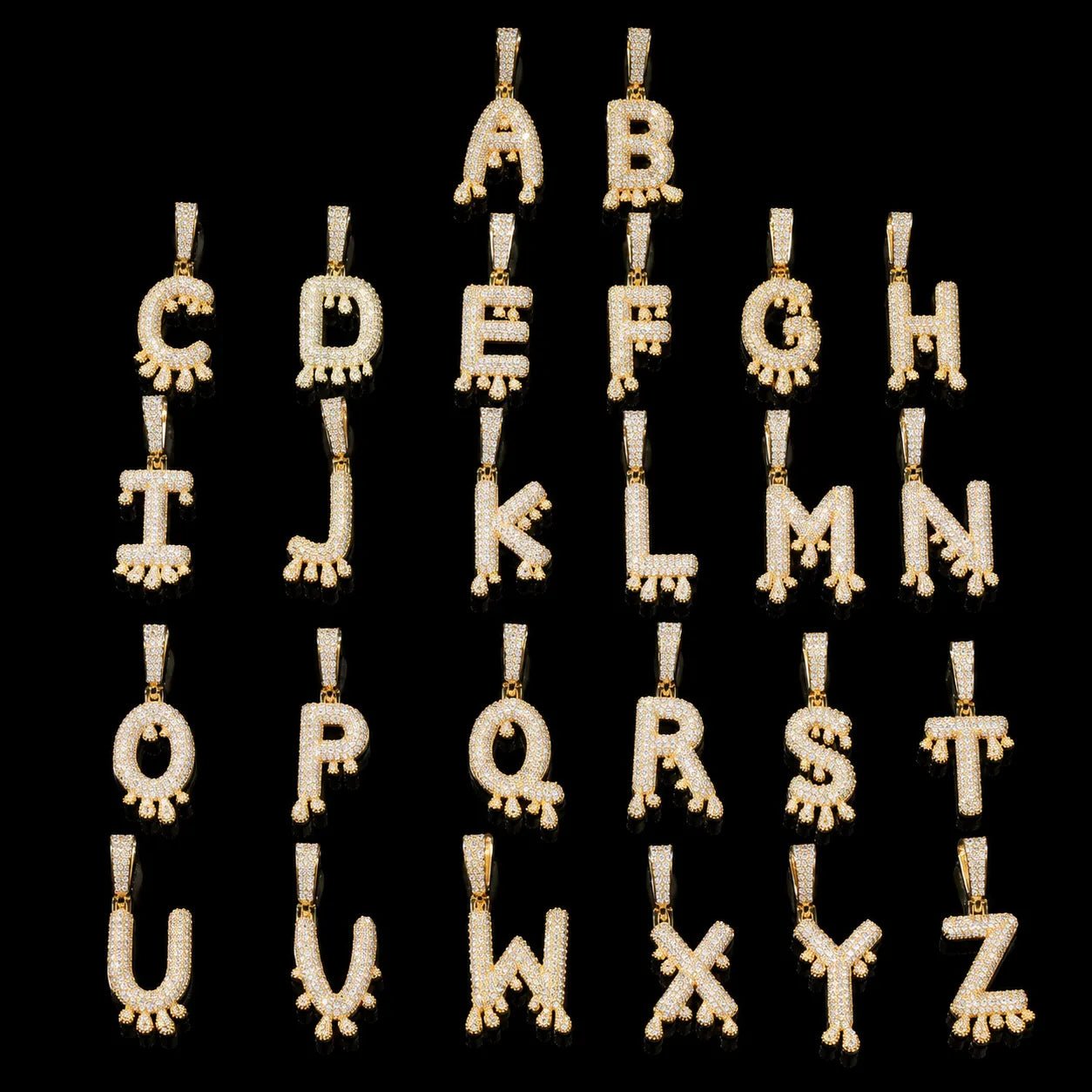 Iced Teardrop Letter & Number Pendant - TONGSHOP / Color:Yellow Gold / Length:16