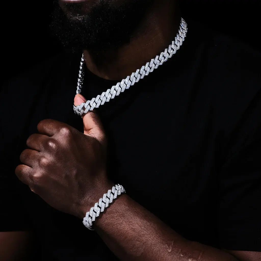 Prong Cuban Link Chain & Bracelet Bundle in White Gold - 14mm - TONGSHOP