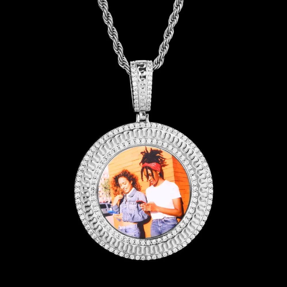 Rippled Classic Memory Round Photo Frame Pendant - 42mm - TONGSHOP / Length:16 / Length:18