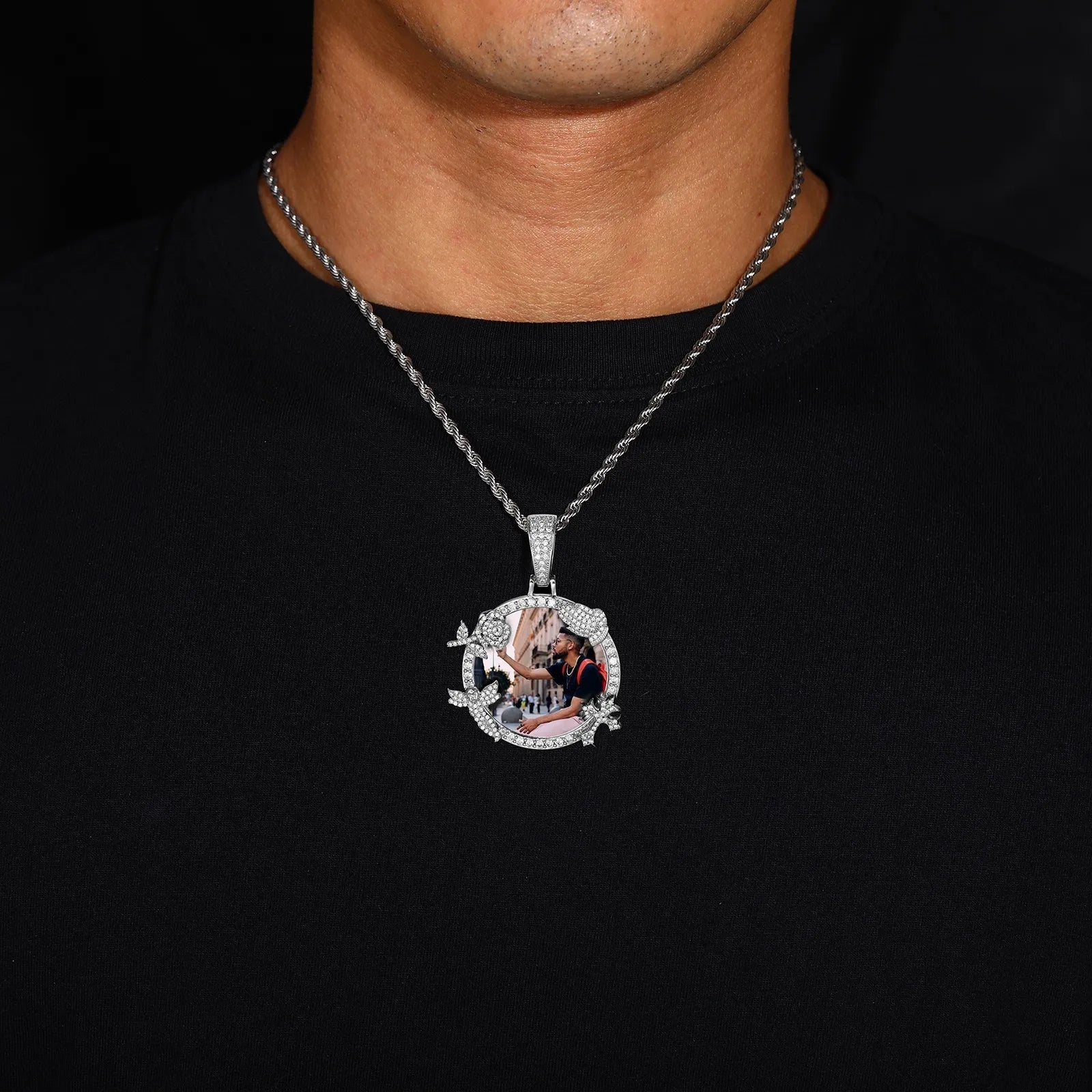 Rose, Angel, and Cross Round Solid Custom Photo Pendant - 45mm - TONGSHOP / Length:16 / Length:18