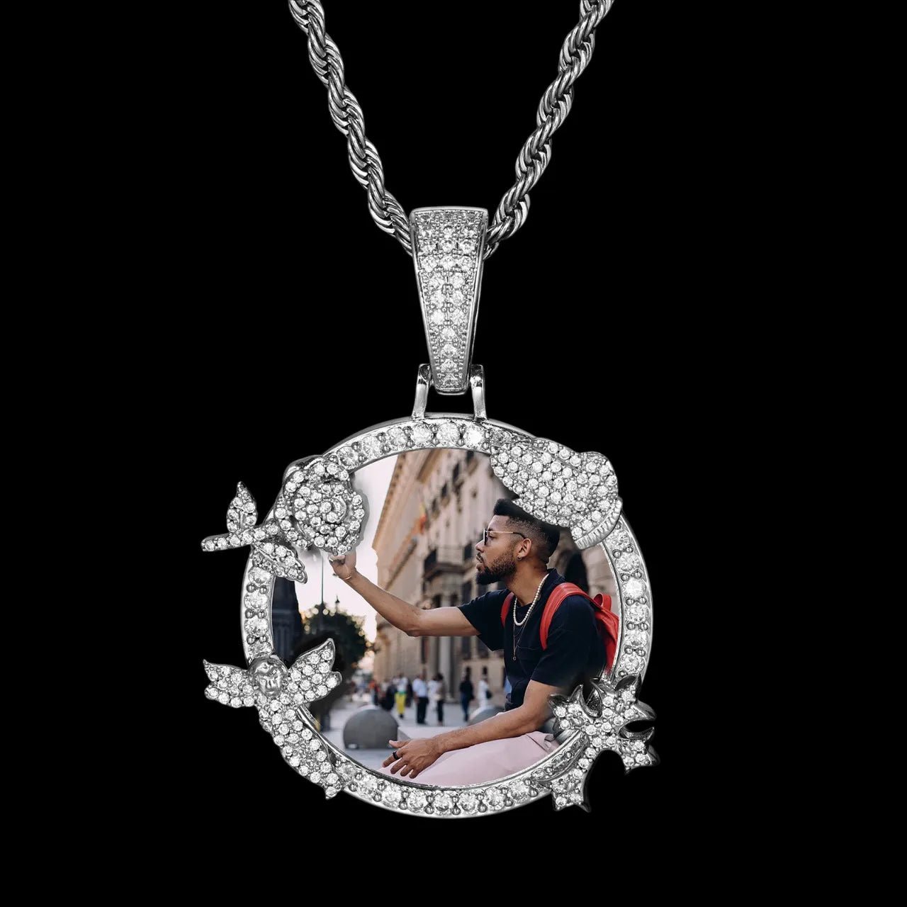 Rose, Angel, and Cross Round Solid Custom Photo Pendant - 45mm - TONGSHOP / Length:16 / Length:18
