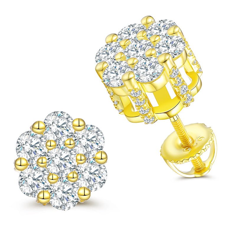 S925 Plum Blossom VVS 3.0mm Moissanite Stud Earrings in 18K Gold - TONGSHOP