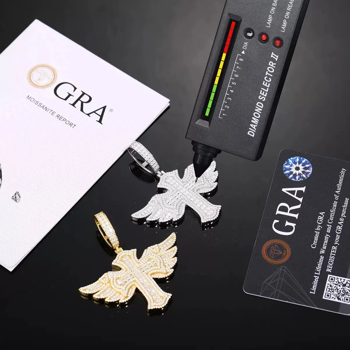 S925 & VVS Moissanite Angel Wings Cross Pendant - 55mm - TONGSHOP / Length:16 / Length:18