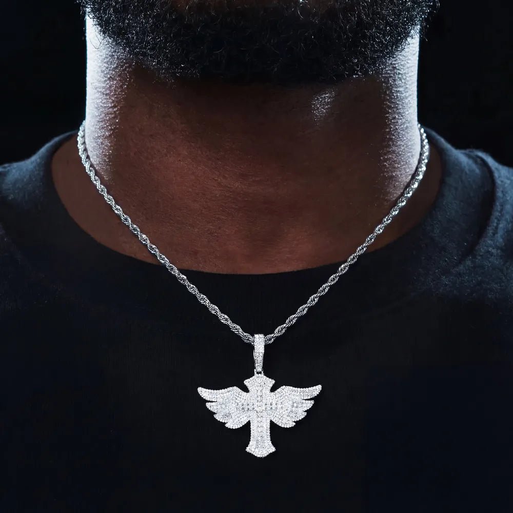 S925 & VVS Moissanite Angel Wings Cross Pendant - 55mm - TONGSHOP / Length:16 / Length:18
